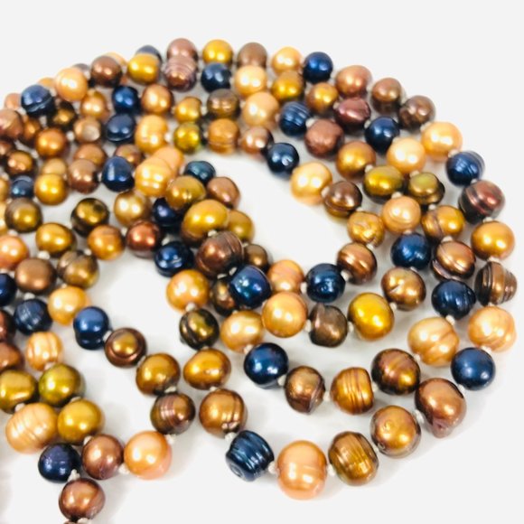 Blue Freshwater Pearl Necklace Extra Long Copper - Picture 4 of 7